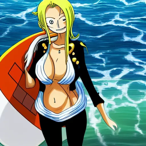 Prompt: Nami from one piece surfing