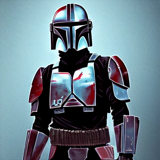 Prompt: a mix between predator and a mandalorian, symmetrical concept art close up