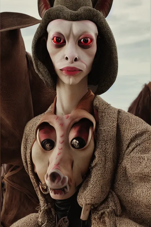 Prompt: comme des garcons campaign featuring jar jar binks as a female cowgirl, long eyeslashes, huge juicy lips, big seductive eyes, unprocessed colors, # nofilter, realistic vfx simulation