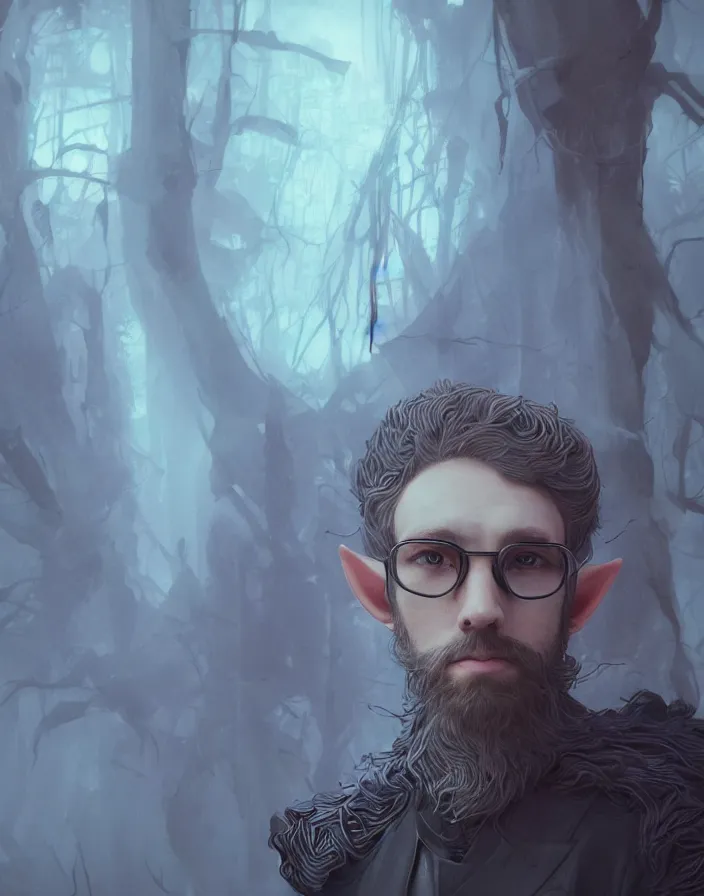 Image similar to portrait of a handsome male elf mage with a beard wearing jean paul gaultier eyewear, magic hour, fog, intricate artwork by Tooth Wu and wlop and beeple and dan mumford. octane render, trending on artstation, greg rutkowski very coherent symmetrical artwork. cinematic, hyper realism, high detail, octane render, 8k, depth of field, bokeh