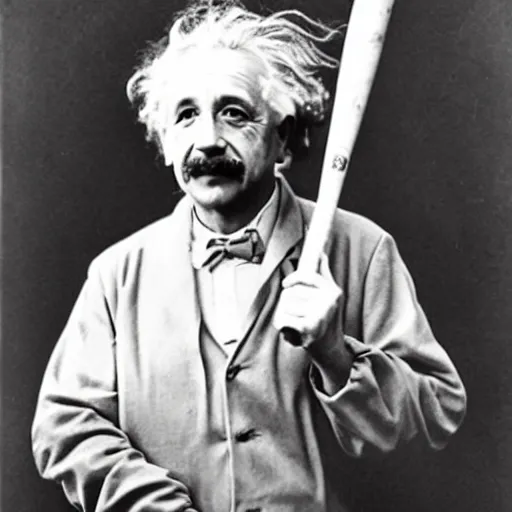 Image similar to photograph of albert einstein holding a baseball bat at the world series