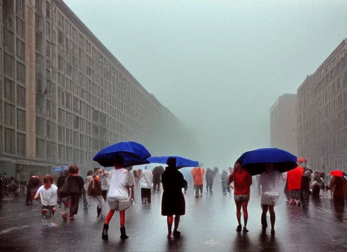 Prompt: realistic photo portrait of a crowd of people wearing white shorts, cone heads, walking on the street, grey sky with rainbow and rain 1 9 9 0, life magazine reportage photo, natural colors