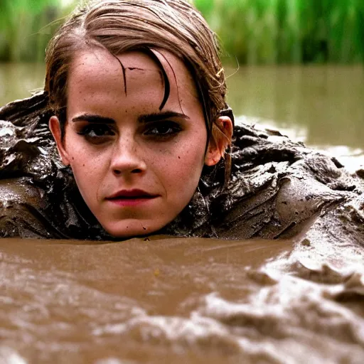 Image similar to emma watson rising out of muddy vietnam river, face covered in mud, low camera angle at water level, night time, film still from apocalypse now ( 1 9 7 9 ), 2 6 mm,