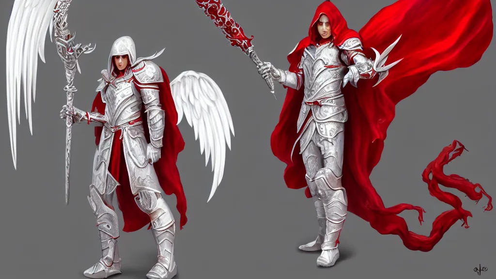 Image similar to male angel, flame sword, white metallic armor, red cape, detailed arms, intricate white armor, two arms, two legs, detailed fanart, rpg art, d&d art, macro art, digital art, DeviantArt, artstation, 8k HD