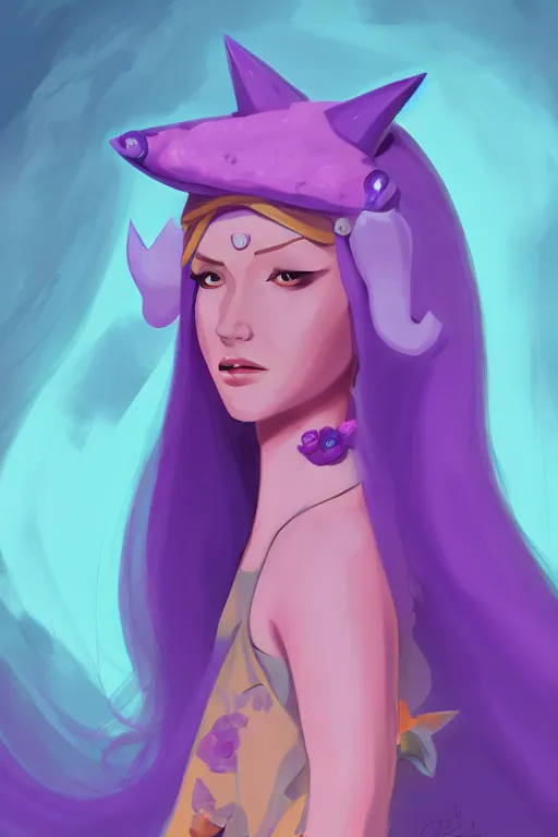 Image similar to a portrait of humanization of princess purple from adventure time, grim - lighting, high - contrast, intricate, elegant, highly detailed, digital painting, artstation, concept art, smooth, sharp focus, illustration