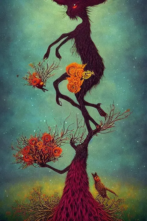 Image similar to surreal hybrid animals, fantasy, fairytale animals, flowerpunk, mysterious, vivid colors, by andy kehoe