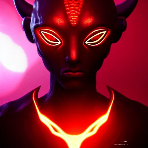 Prompt: portrait of realistic alien with horns. red eyes, human eyes, background flames, sci - fi, tech wear, volumetric lighting, intricate, elegant, highly detailed, digital painting, artstation, concept art, illustration, bokeh, film noir - h 7 0 4