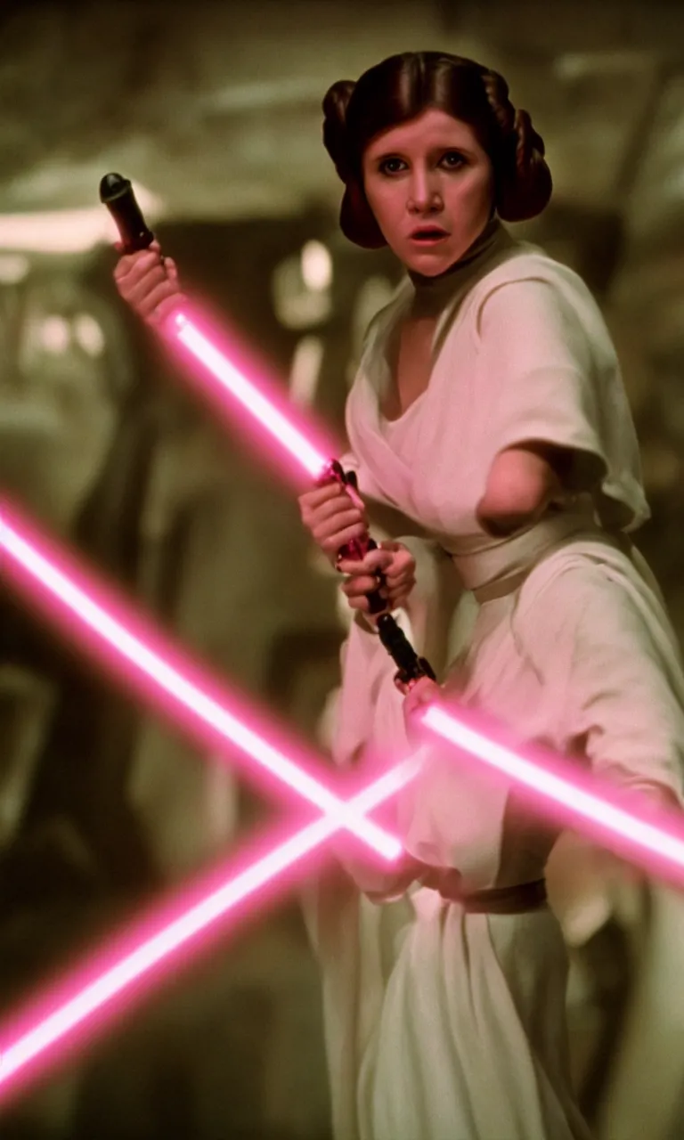 Prompt: Princess Leia wielding a fuchsia light saber, ambient lighting, 8k, 35mm film still from Star Wars