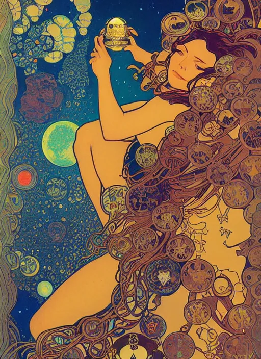 Image similar to fractal cosmonaut girl, poster art by Victor Moscoso Dan Mumford Kilian Eng Hannah Jeffrey Smith Rick Griffin Alphonse Mucha Gustav Klimt Ayami Kojima Amano Charlie Bowater