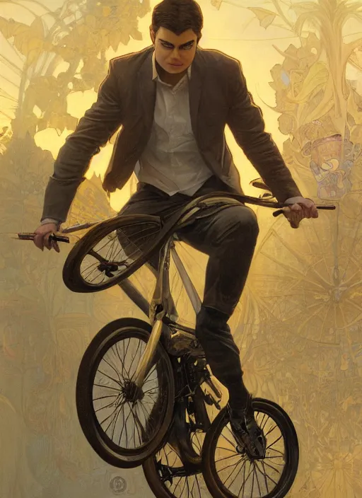 Image similar to Ben Shapiro riding a unicycle, sigma male, accurately portrayed, portrait art by alphonse mucha and greg rutkowski, highly detailed, digital painting, concept art, illustration, dim lighting with twilight rays of sunlight, trending on artstation, very detailed, smooth, sharp focus, octane render, close up