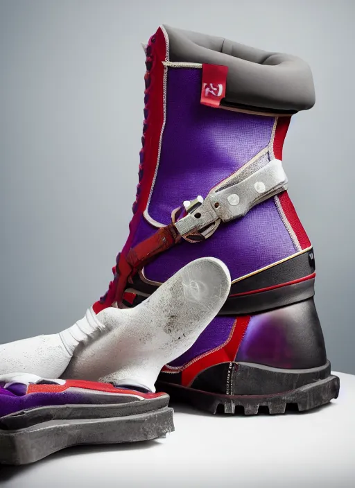 Image similar to hyperrealistic and heavy detailed product photo off white avant garde boot of thanos ( marvel comics ), in front of white back drop, whole shoe is in picture, leica sl 2 5 0 mm, vivid color, high quality, high textured, real life