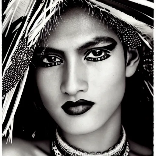 Image similar to a beautiful professional photograph by hamir sardar, herb ritts and ellen von unwerh for the cover of vogue magazine of an unusually handsome native male yanomami female fashion model looking at the camera in a flirtatious way, leica 5 0 mm f 1. 8 lens