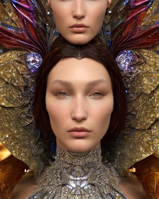 Image similar to a highly detailed metahuman 8 k close up render of bella hadid renaissance in iris van herpen dress schiaparelli in diamonds crystals swarovski and jewelry iridescent in style of alphonse mucha trending on artstation made in unreal engine 4