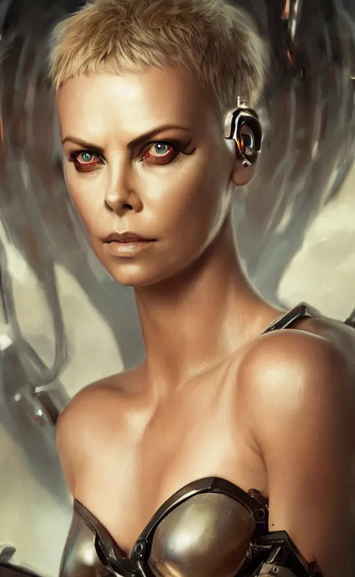 Image similar to a cyborg demon girl, charlize theron, flawless symmetrical pretty cute face, greg rutkowski, 8 k, shallow depth of field, intricate detail, concept art,