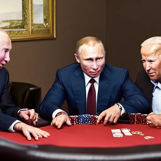 Prompt: UHD candid color photo of Putin, Klaus Schwab, and Biden playing poker, accurate faces, UHD, photorealistic, correct face, photo by Annie Leibowitz