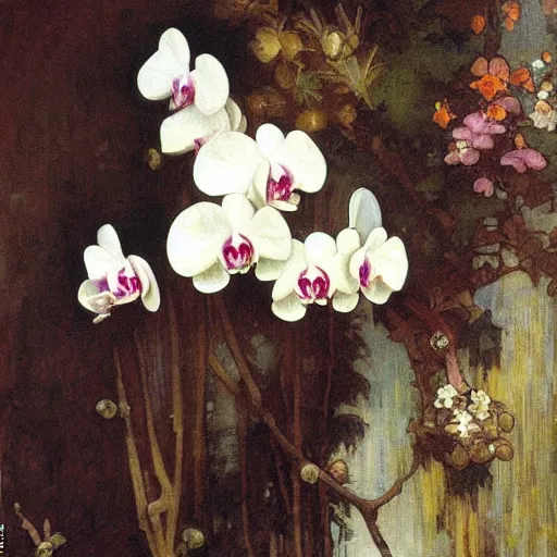 Image similar to art nouveou style painting of Phalaenopsis orchids, high detail by francis mucha, John William Waterhouse, William-Adolphe Bouguereau