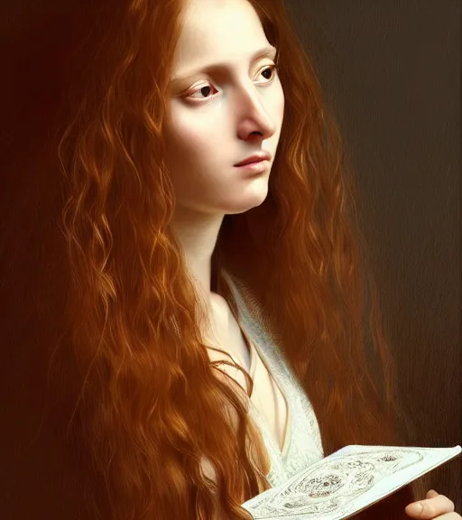 Image similar to portrait of a long - haired woman with a cellphone sitting upon a table with heightened detail, poised, intense emotion, detailed facial expression, detailed surroundings, intricate, elegant, highly detailed, centered, digital painting, artstation, concept art, smooth, sharp focus, illustration, by ( leonardo da vinci ), wlop