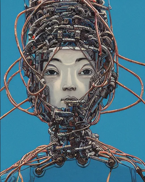 Image similar to Hokusai portrait of a robot saint made of cables and robotic pod by James Jean