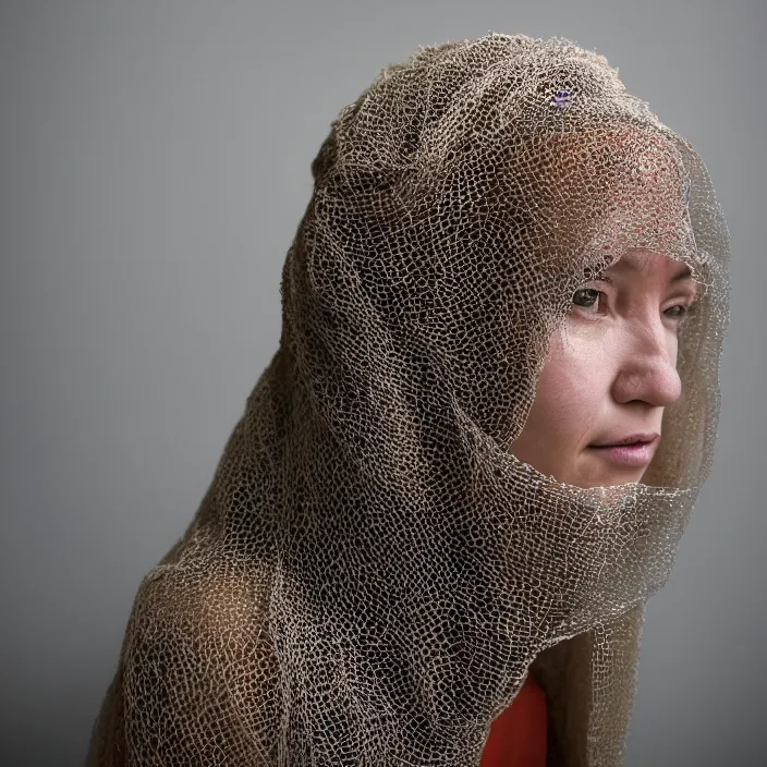 Prompt: a closeup portrait of a woman wearing a hood made of wire and plastic, in a laundry mat, color photograph, by vincent desiderio, canon eos c 3 0 0, ƒ 1. 8, 3 5 mm, 8 k, medium - format print