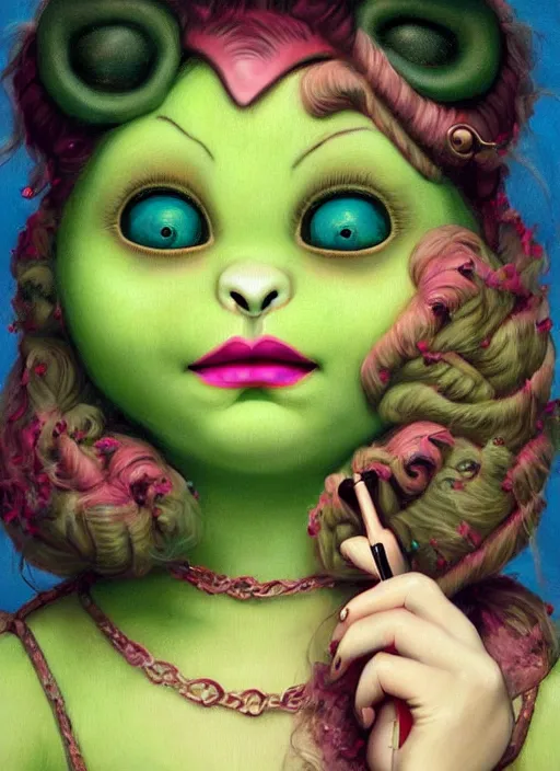 Image similar to pop surrealism, lowbrow art, realistic shrek!!!!!!!!!!!!!!!!!!! painting, japanese street fashion, hyper realism, muted colours, rococo, natalie shau, loreta lux, tom bagshaw, mark ryden, trevor brown style,