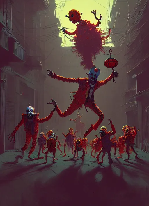 Image similar to masterpiece concept art, neon scary clowns, by greg rutkowski and geof darrow, 8 k, intricate detail, cinematic lighting