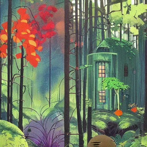 Prompt: A pod home in the forest, bright colors, bloom, cool colors, moody, by Dave mckean and studio ghibli