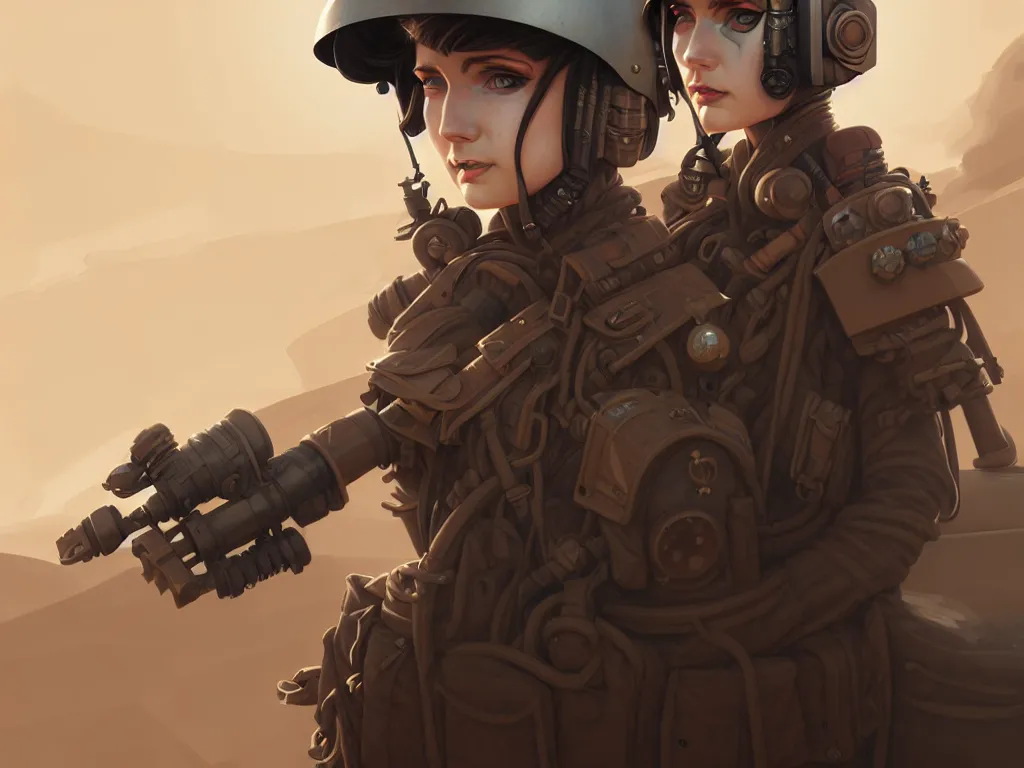 Image similar to portrait of dieselpunk blackpink lisa soldier girl, helmet, stormy sand desert, armored, highly detailed, digital painting, face detail, sharp focus, art, illustrations by loish and ayanamikodon and irakli nadar and rossdraws and wlop