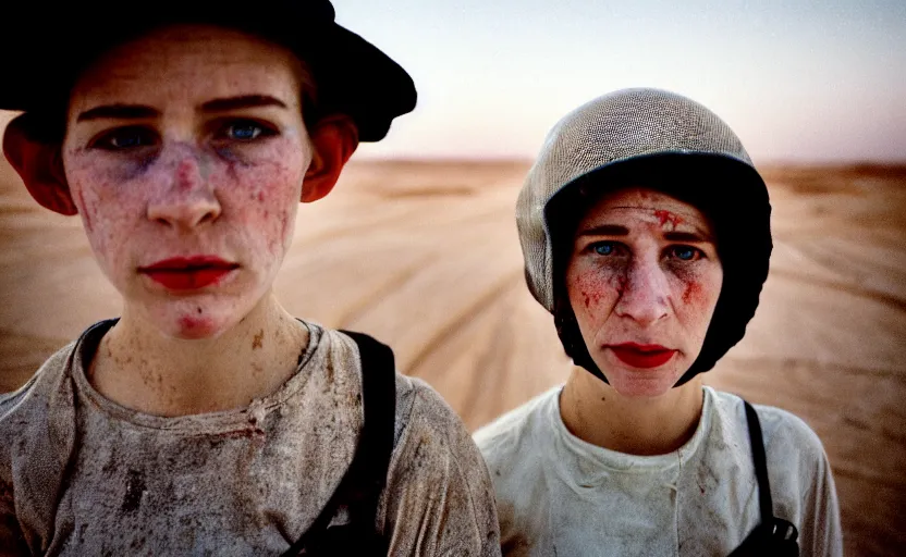 Image similar to cinestill 5 0 d photographic portrait by helen levitt of a white and mixed female android couple wearing rugged black mesh techwear on a desolate plain of america, extreme closeup, modern cyberpunk, dust storm, 8 k, hd, high resolution, 3 5 mm, f / 3 2, ultra realistic faces, intricate detail, ex machina