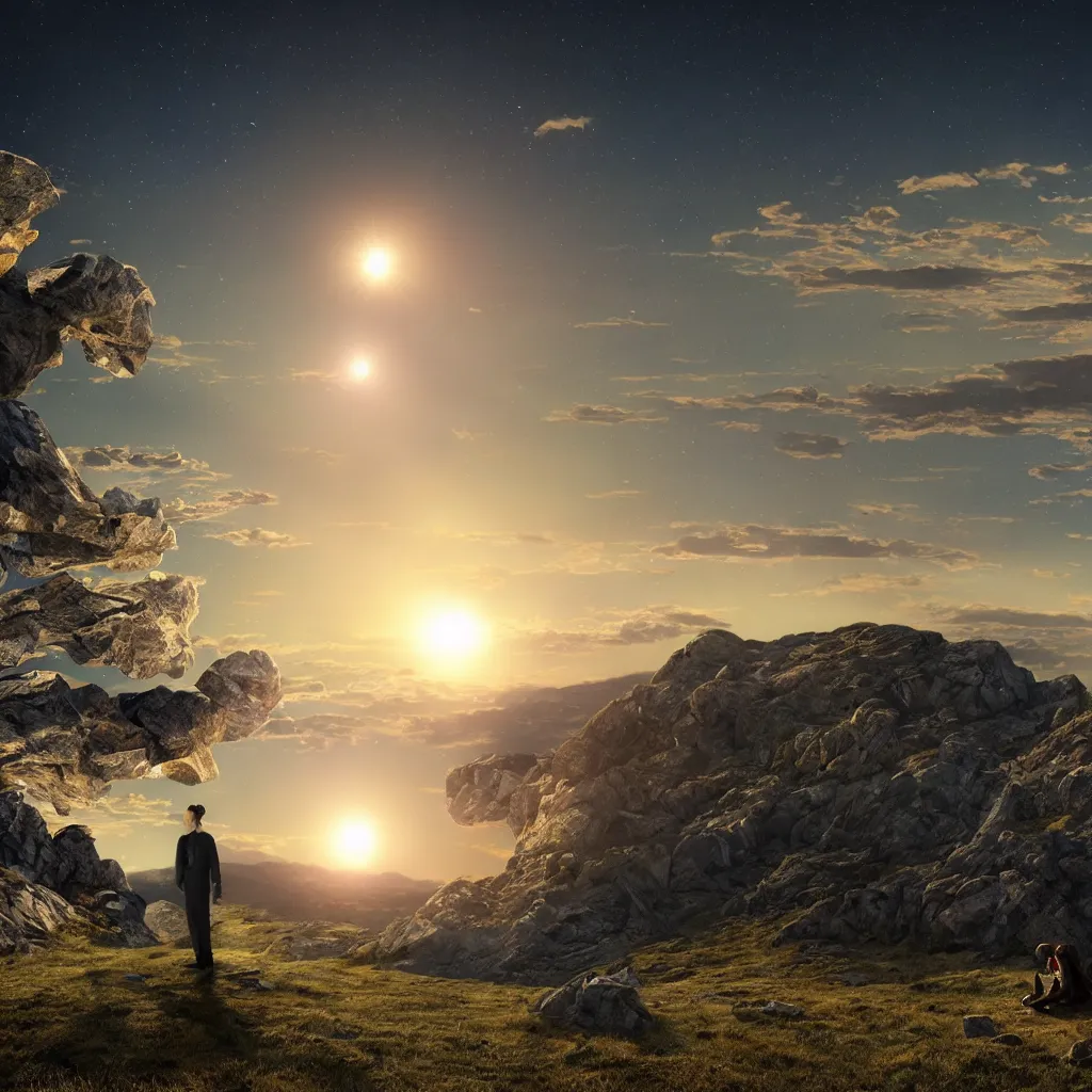 Image similar to eclipse at sunrise on a mountaintop, distant glowing figures, crystalline masterpiece diamond incrustations, art by john collier, albert aublet, artem demura, alphonse mucha, sharper luminescent focus, nd 6, hdr, movie still, fully photorealistic, cinematic diffuse lighting, artstation, textless, sharp focus