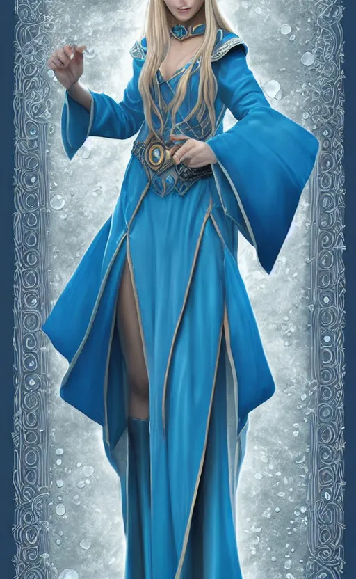 Image similar to elf female sorcerer doing water magic spells, blue robes, exquisite details, full body character design on a white background, by studio muti