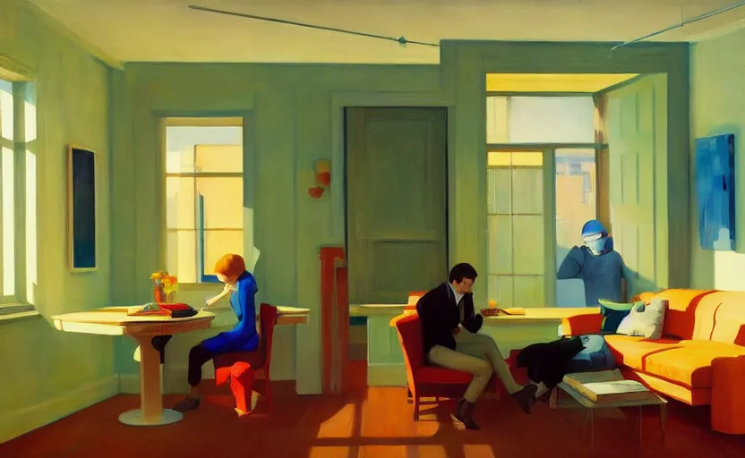 Image similar to Interior shot of contemporary cozy loft, very coherent, painted by Edward Hopper, painted by James Gilleard, airbrush, art by JamesJean