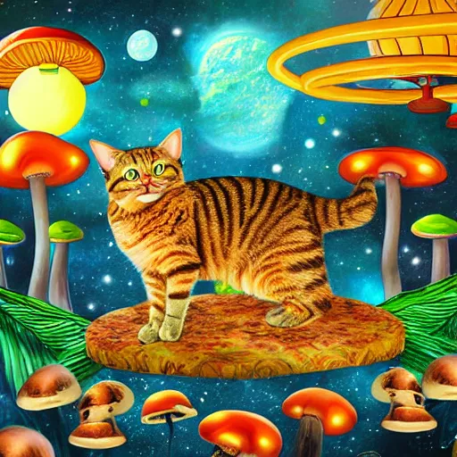 Image similar to tabby cat in an alien planet full of mushrooms, fantasy, vivid colors