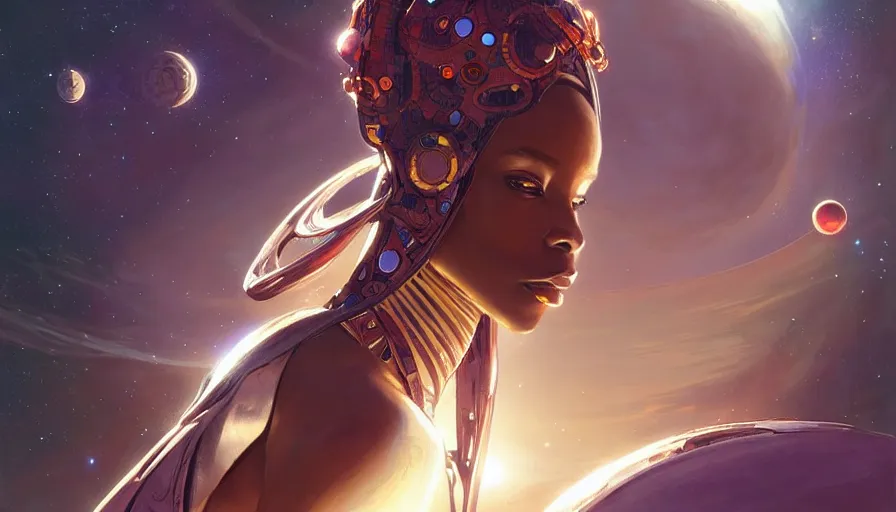 Prompt: concept art of very very very very very very beautiful african woman, futuristic spacesuit, floating in space with epic cosmos in the background, real life skin, intricate, elegant, highly detailed, artstation, concept art, smooth, sharp focus, art by artgerm and greg rutkowski and alphonse mucha