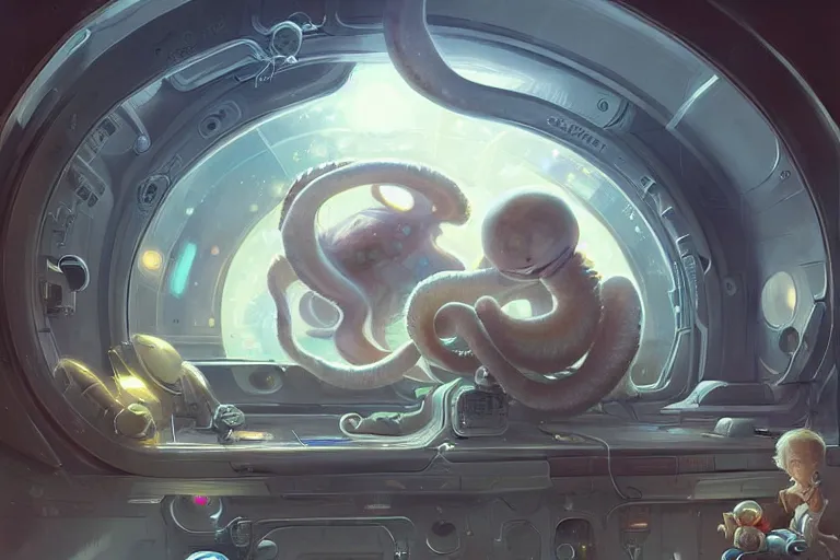 Prompt: adorable baby octopus in a space station, elegant, intricate, retrofuturistic digital painting, artstation, concept art, smooth, sharp focus, illustration, art by artgerm and greg rutkowski and alphonse mucha