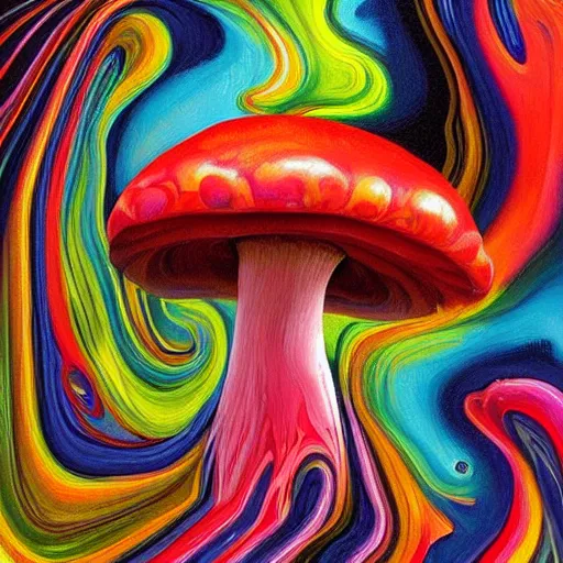 Image similar to fluid dynamics flow art a painting of an mushroom with a colorful swirl, acrylic marbling art by sam spratt, deviantart, psychedelic art, psychedelic, cosmic horror, chromatic