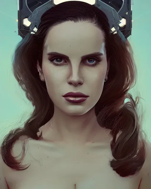 Image similar to portrait of lana del rey as a cyborg. intricate abstract. intricate artwork, by tooth wu, wlop, beeple, dan mumford. concept art, octane render, trending on artstation, greg rutkowski very coherent symmetrical artwork. cinematic, key art, hyper realism, high detail, octane render, 8 k, iridescent accents