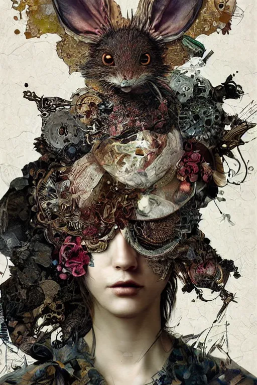 Image similar to A detailed maximalist portrait with large eyes, exasperated expression with an existential dread of love, mixed media torn paper collage, highly detailed and intricate illustration, high fashion, in the style of Ryohei Hase