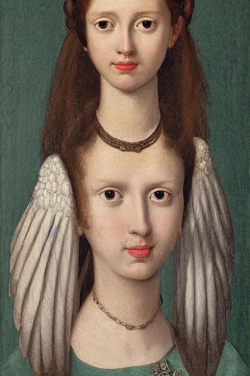 Prompt: beautiful face portrait of a young slim woman, large high forehead, overbite, recessed jaw, winged eyeliner, glasses, brown hair in pigtails and bangs, smile lines, similar to hannah murray, oil painting by nicholas hilliard, raphael, sofonisba anguissola