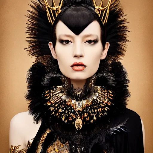 Image similar to a hyperrealistic high fashion portrait of a fierce proud queen of ravens, in a black dress with a collar made of iridescent feathers and golden adornments, photorealistic, intricate details, by zhang jingna and soey milk and amir ershadi and anja millen