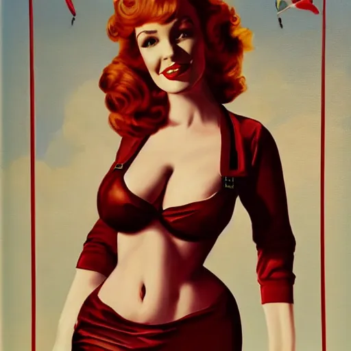 Image similar to Fully-clothed full-body portrait of Christina Hendricks as a pinup painting on world war II bomber