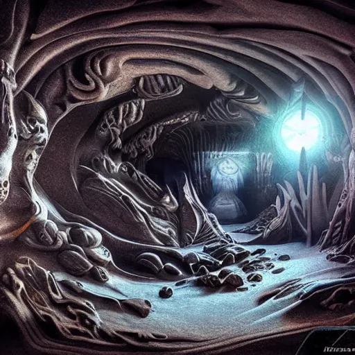 Prompt: art found in a cave on an alien planet, unique, strange, geometric, intricate details, photorealistic,