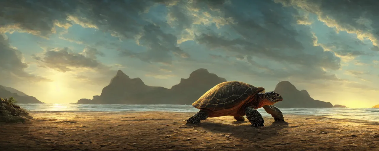 Image similar to turtle on beach, beautiful dynamic lighting, cinematic, wide angle establishing shot, extremely high detail, photo realistic, cinematic lighting, post processed, concept art, artstation, matte painting, style by frederic church, raphael lacoste, unreal engine 8k