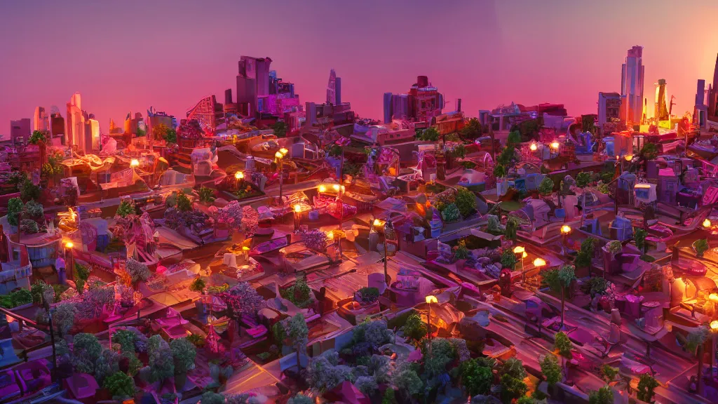 Image similar to a beautiful photograph of barbies city, sunset lighting, rim light, hyper realistic, 1 0 5 mm, cinematic frame