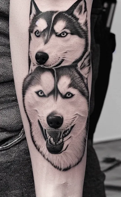 Image similar to a tattoo of a husky dog, detailed, tattoo,