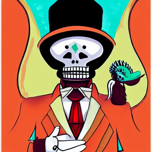 Image similar to manny calavera from grim fandango, game concept art, flat colours, bright colours, mexican, by peter chan, artstation,