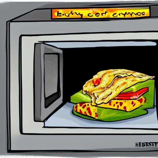 Prompt: secretary heating a burrito in the office staff room microwave, digital art, highly detailed, epic composition