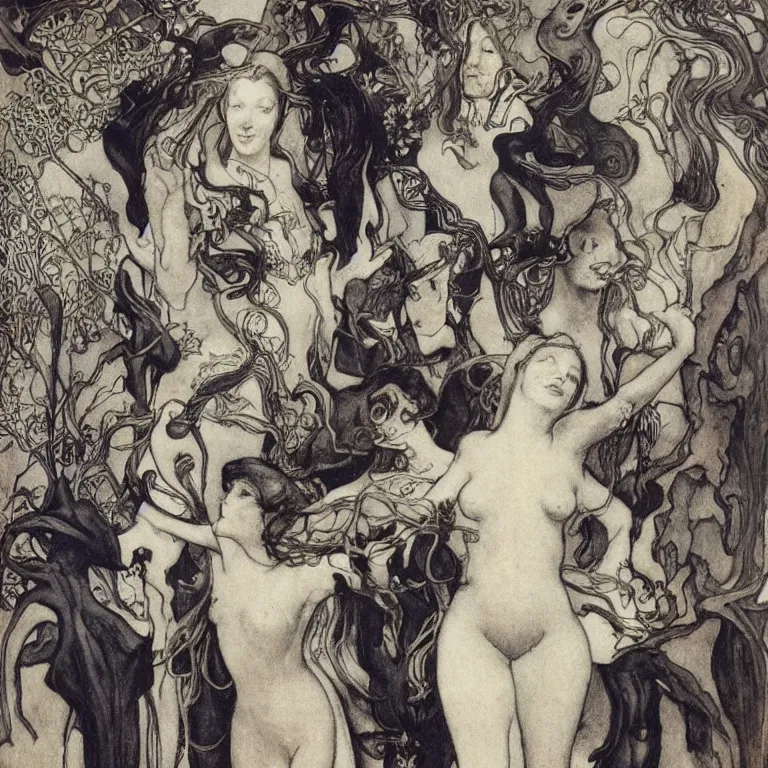 Image similar to A woman with red hair stands and hugs a blonde Anton Pieck,Jean Delville, Amano,Yves Tanguy, Alphonse Mucha, Ernst Haeckel, Edward Robert Hughes,Stanisław Szukalski and Roger Dean