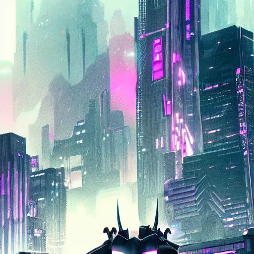 Prompt: batman beyond, cyberpunk, cityscape, purple sky, artgerm, greg rutkowski