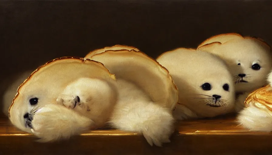 Prompt: highly detailed painting of cute furry white baby seals in a pile of pancakes on a table by william turner, by greg rutkowski, by william constable, thick brush strokes and visible paint layers, 4 k resolution