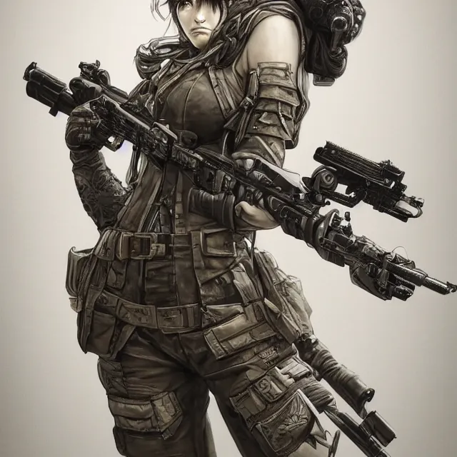 Image similar to the portrait of lawful neutral female futuristic infantry sniper as absurdly beautiful, gorgeous, elegant, young gravure idol, an ultrafine hyperdetailed illustration by kim jung gi, irakli nadar, intricate linework, bright colors, octopath traveler, final fantasy, unreal engine 5 highly rendered, global illumination, radiant light, detailed and intricate environment